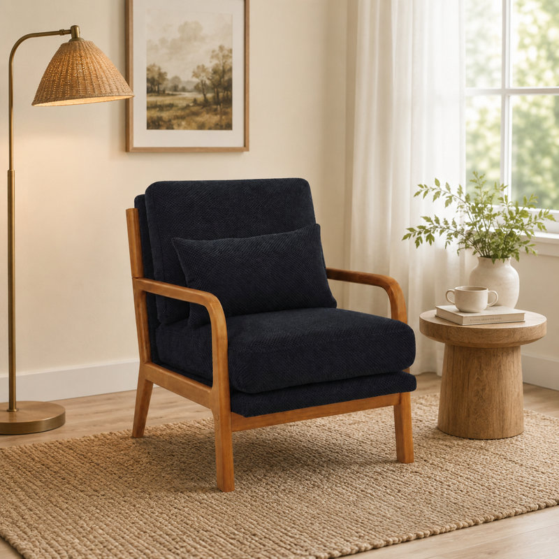 Fauteuil d'appoint texturé rembourré avec structure en bois massif et coussin lombaire, Noir