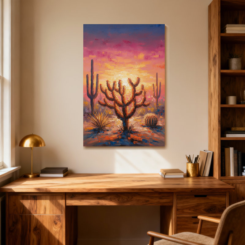 «Plants & Flowers Desert Sunset Cactus Landscape», reproduction d'art, H 18 po x l 12 po