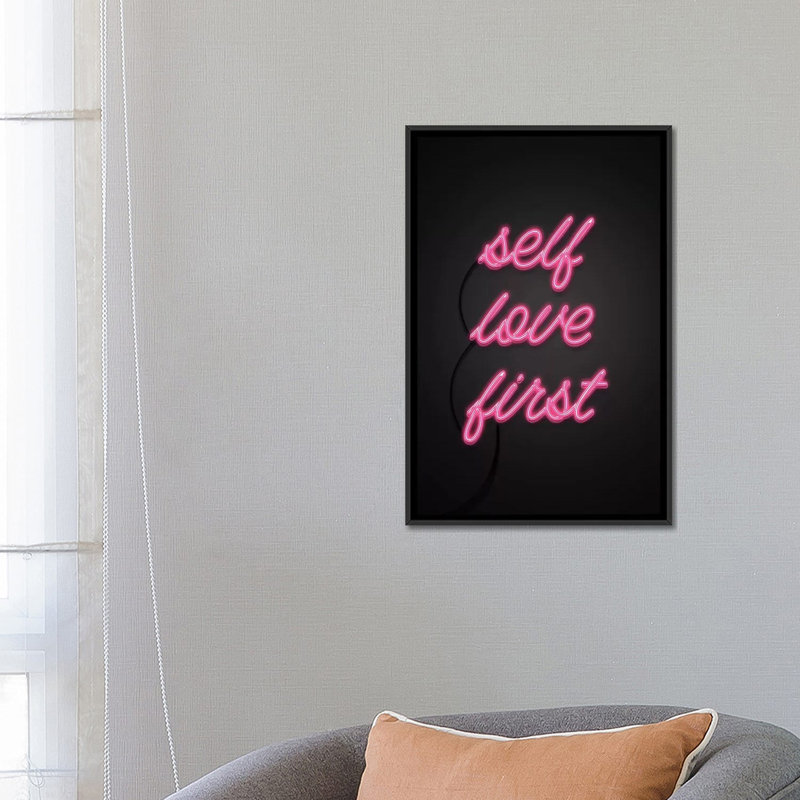 « self love first », impression sur toile tendue, H 26 po x l 18 po x P 1,5 po, Toile avec cadre noir, Pas de tapis