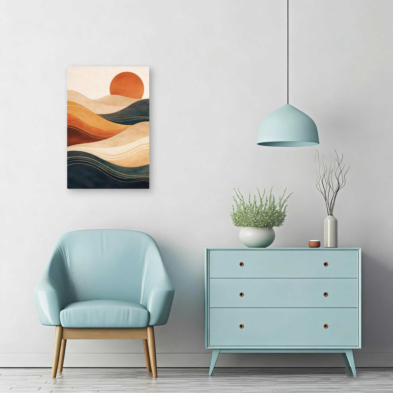 Toile abstraite orange moderne, soleil et vagues qui coule - 12 x 18