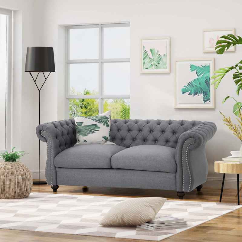 Pasillas Rolled Arm Loveseat, Dark Gray Fabric, 27.75" H x 61.75" W x 33.75" D