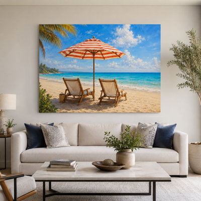 Striped Umbrella Shore - Resort Beach Lounge Wrapped Canvas Wall Art