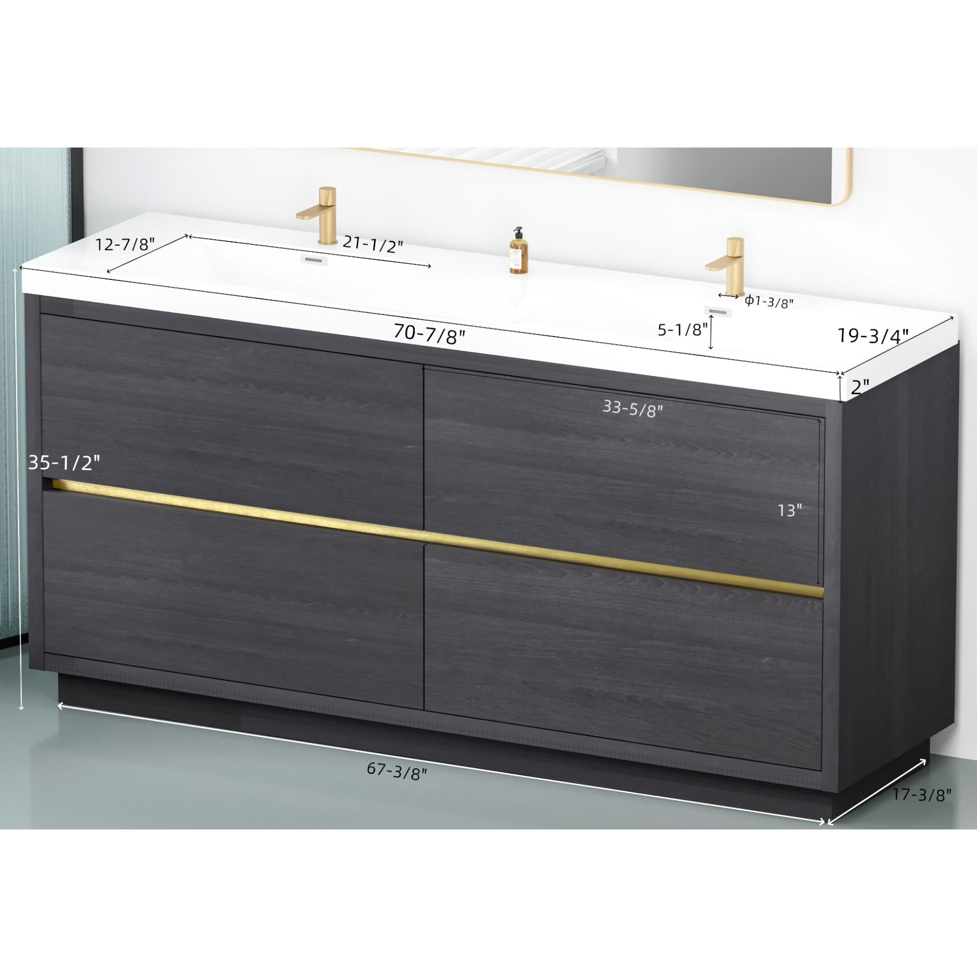 Beira 71'' Fully Assembled Freestanding Double Bathroom Vanity with Stone Resin Top, Espresso Wood