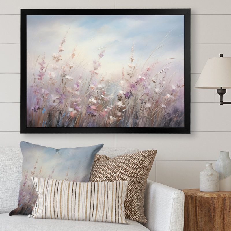 Fleurs murales mauves Whispering Breeze II - art mural fleurs sauvages pour le salon, Cadre noir, H 16 po x l 32 po x P 1 po