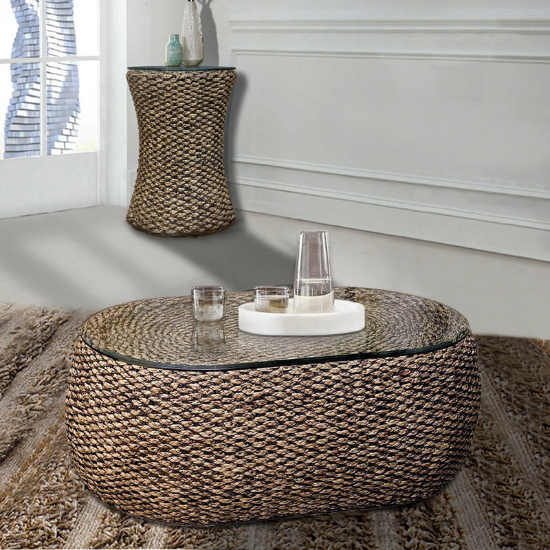 Onshuntay Seagrass Coffee Table with Glass Top