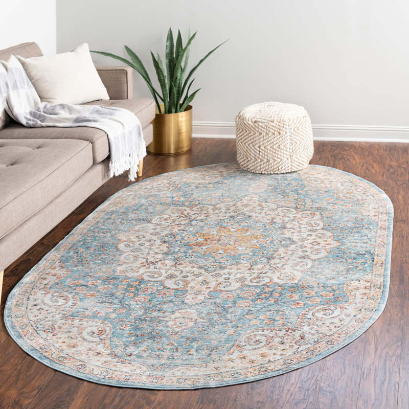 Tapis oriental bleu / rouille / ivoire Kaleigh, Ovale 4 pi x 5 pi 11 po