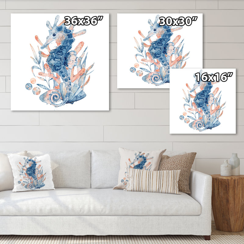 22_Hippocampe en bleu avec composition florale - impression sur toile nautique et côtière, H 30 po x l 30 po x P 1 po