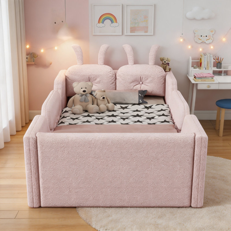 Lit plateforme tapissier simple avec coussin en lapin, lit de plancher pour enfants avec rails latéraux amovibles - base de lit de sécurité à profil bas pour tout-petits, rose