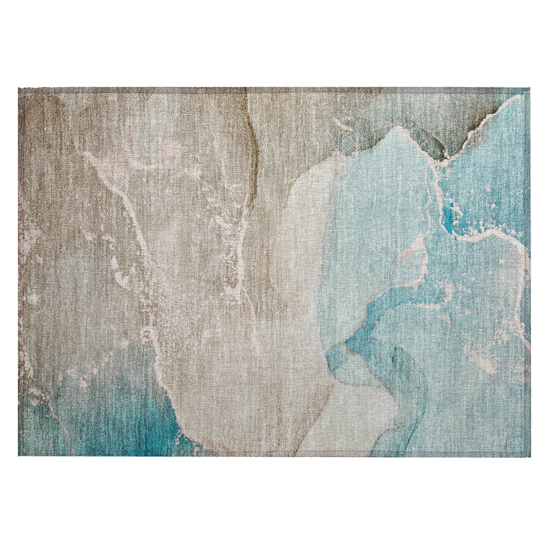 2' X 3' Teal Abstract Washable Non Skid Indoor Outdoor Area Rug