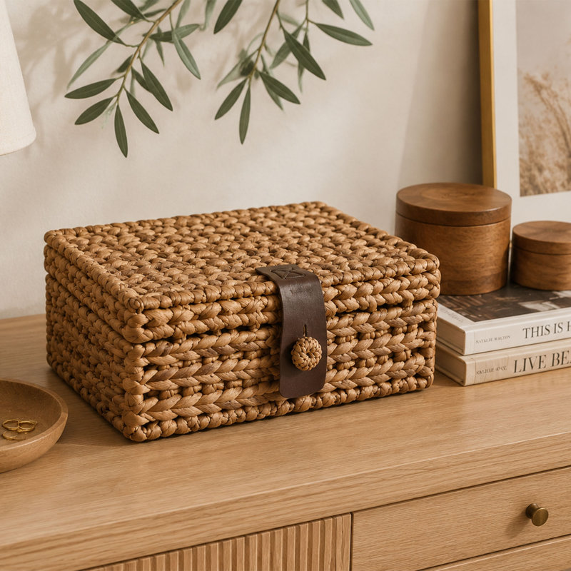 Boîte de rangement décorative avec couvercle, boîte en osier de jacinthe d'eau tissée à la main pour tablettes, tables basses et consoles