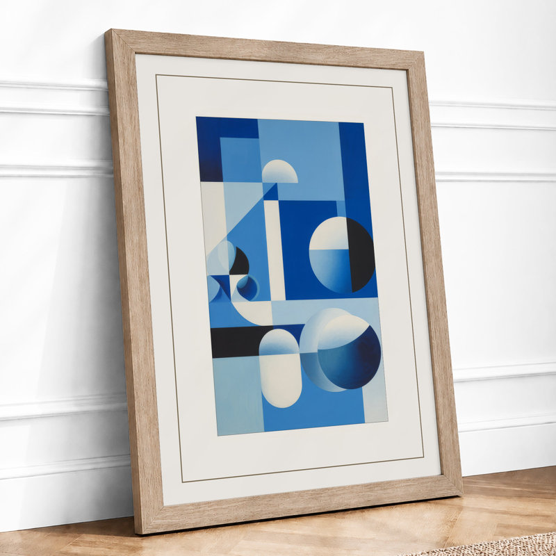 Blue Forms in Balance Geometric - Framed Print, A2 - 59.4 x 42.0 cm, Oak