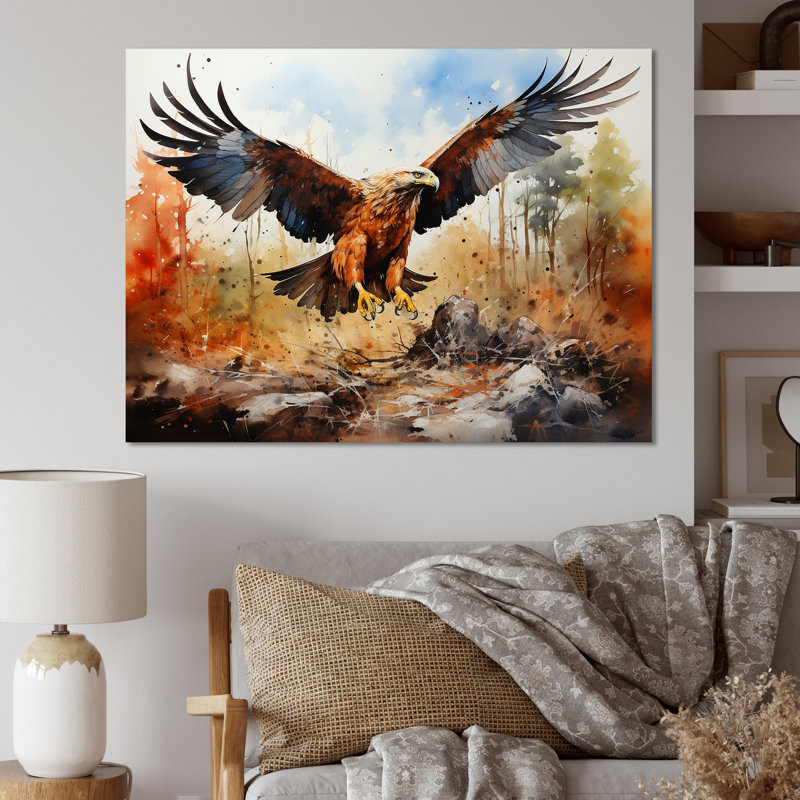 Aigle en vol chasse sur toile, Toile tendue, H 16 po x l 32 po x P 1 po
