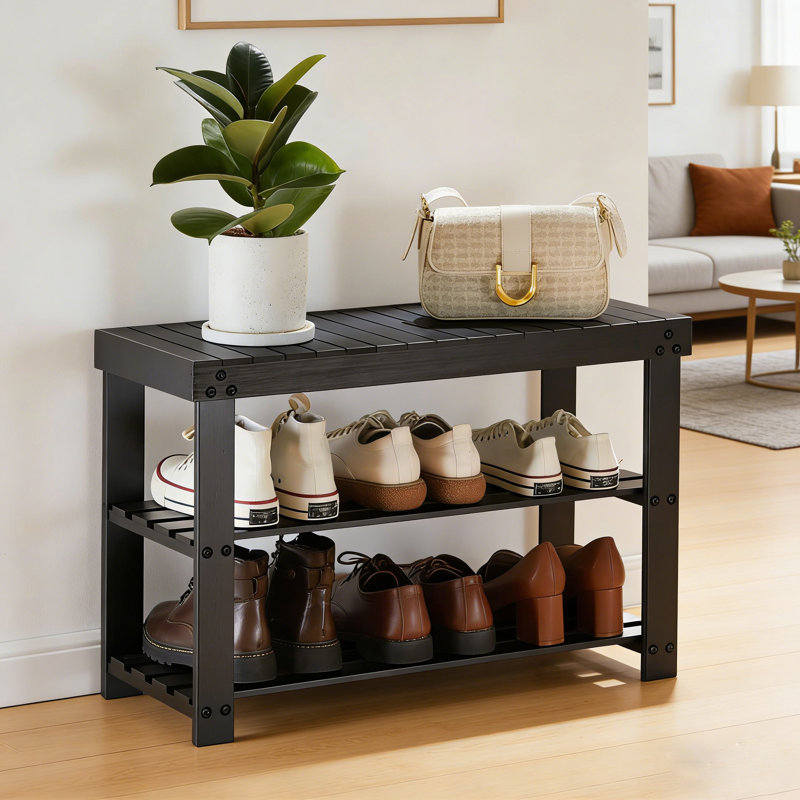 Bamboo Shoe Bench With 3-Tier Storage, Black