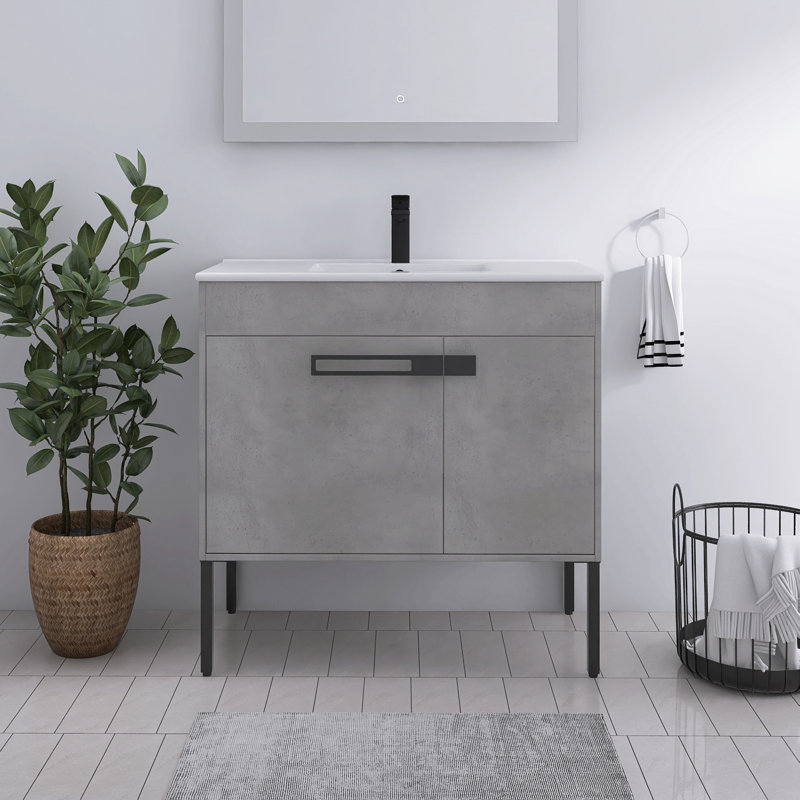 Meuble-lavabo simple avec plateau en céramique Eurania, Gris