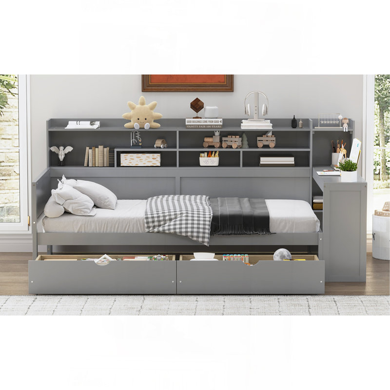 Wooden Twin Size Daybed With Storage Shelves, Multi-Functional Bed With Two Storage Drawers And  Study Desk, Gray, Twin