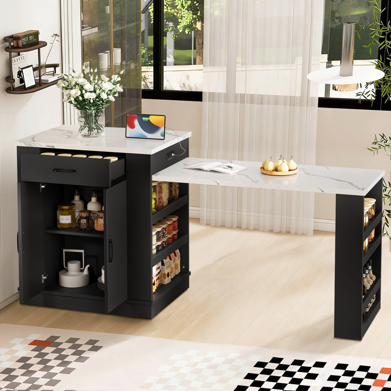 Îlot de cuisine 80,7 po avec table extensible, table de salle à manger avec tiroirs et armoire à double porte, Blanc/Noir