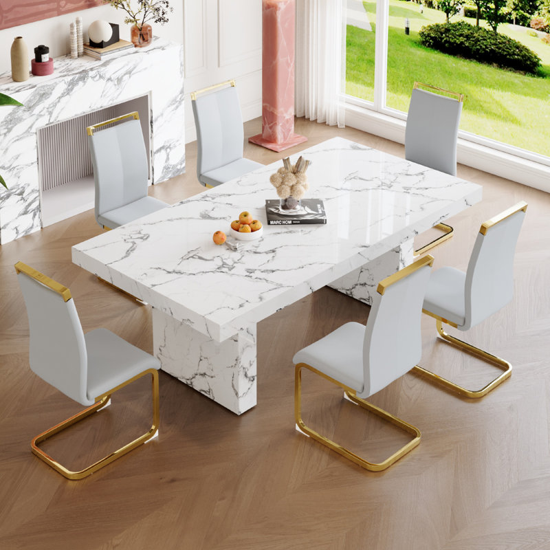 Ensemble de 6 tables de salle à manger en bois, Gris clair, 7 pièces : table, 6 chaises