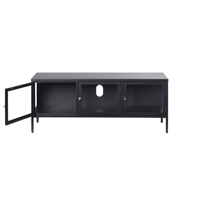 Black Metal and Glass 3-Cabinet TV Stand with Brass Knobs