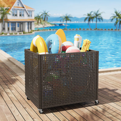 Pool Float Storage Organizer with Wheels - Large Outdoor Mesh Rolling Cart for Toys & Noodles, Heavy-Duty Wicker Storage Bin with Locking Casters, Grey