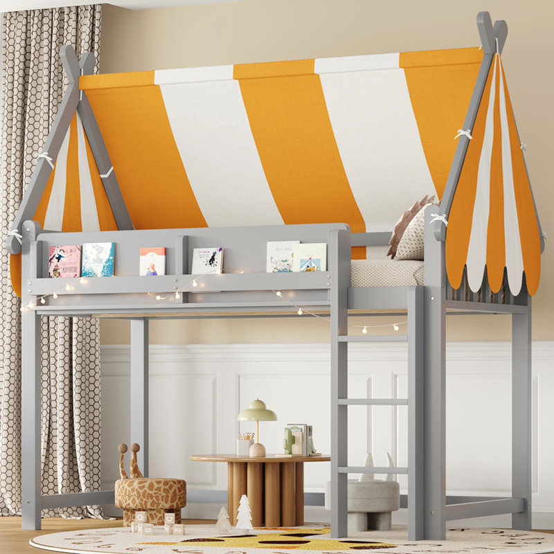 Lit mezzanine simple avec auvent, lumières DEL et bibliothèque, gris, Twin, Grey