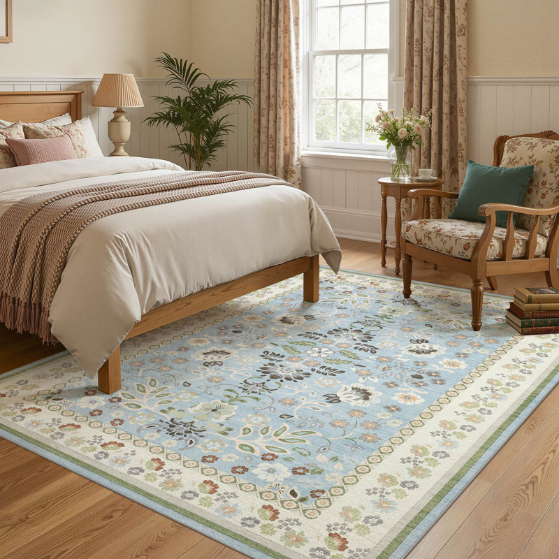 Washable Floral Boho Area Rug Modern with Non-Slip Backing for Living Room Bedroom-Blue, Rectangle 5' x 7', Blue