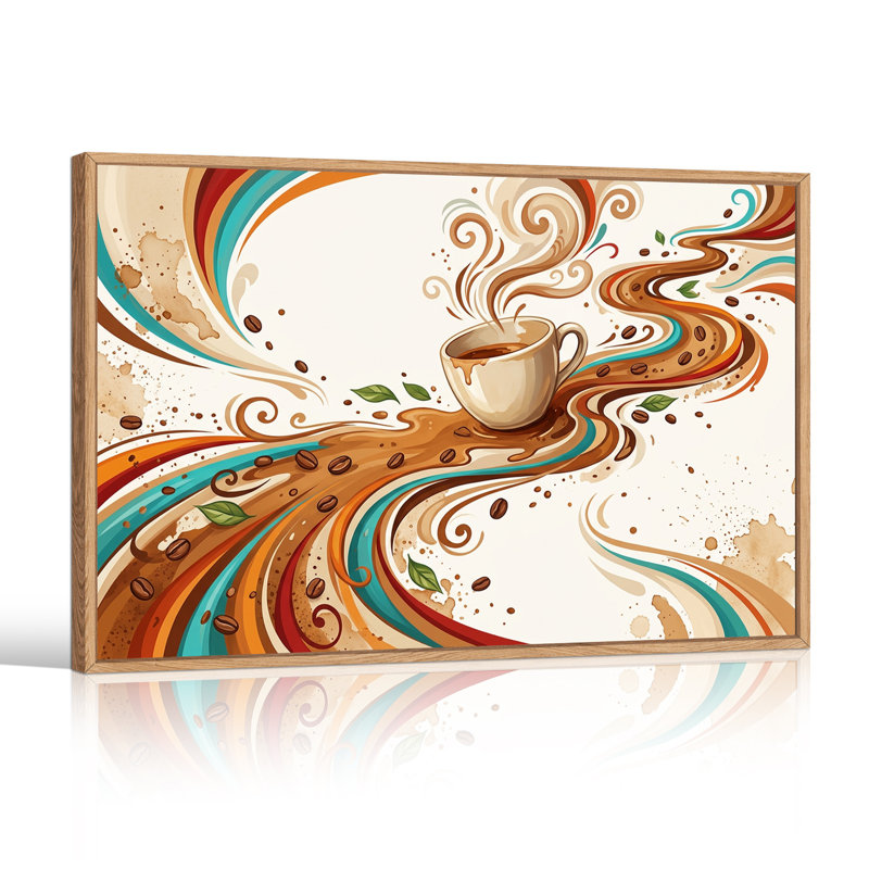 Tableau sur toile représentant une tasse à café ornée de rubans turquoise et marron., H 24 po x l 36 po