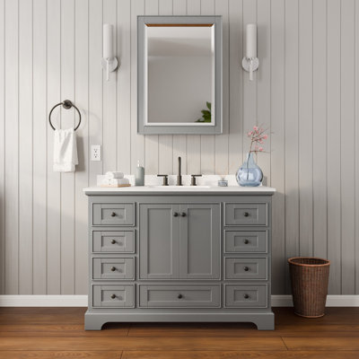 Meuble-lavabo simple 48 po Deborah en gris foncé, comptoir en marbre de culture de Carrare, lavabo carré encastré (3 trous), garniture noir mat, armoire à pharmacie