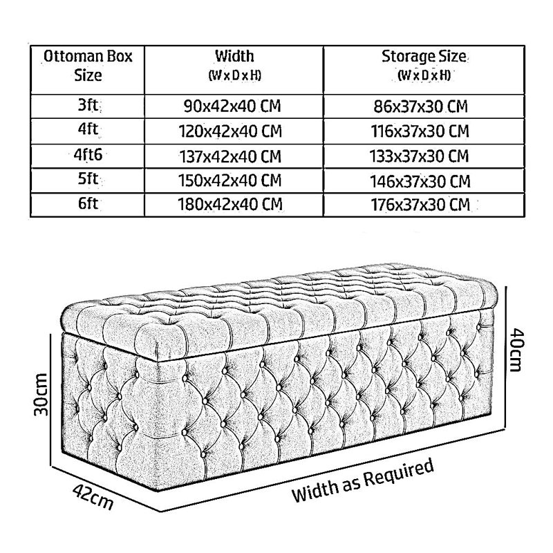 Lux Wide Velvet Chesterfield Rectangle Solid Color Standard Ottoman Box with Storage, Black, 150cm W x 42cm D x 40cm H