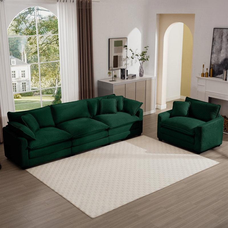 Warm And Cozy Sofa Set With Soft Cushions And Pillows, Corduroy Fabric, Green Corduroy