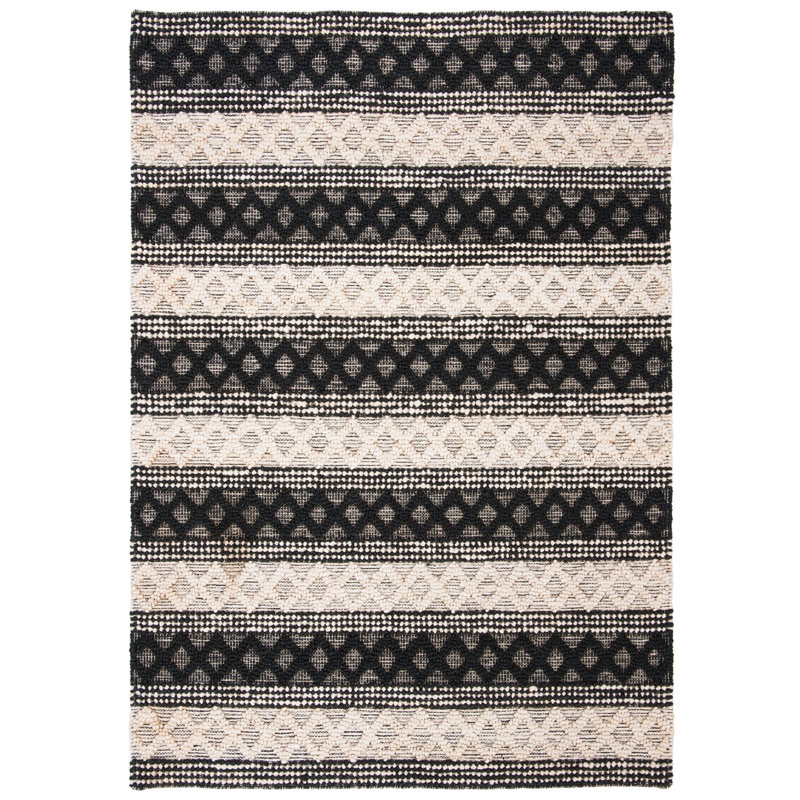 Natural Fiber Hand Woven Jute/Cotton Geometric Rug in Ivory/Black, Rectangle 5' x 8'