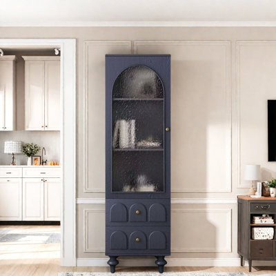 Tall Storage Display Cabinet With Tempered Glass Door, Two Drawers And An Adjustable Shelf