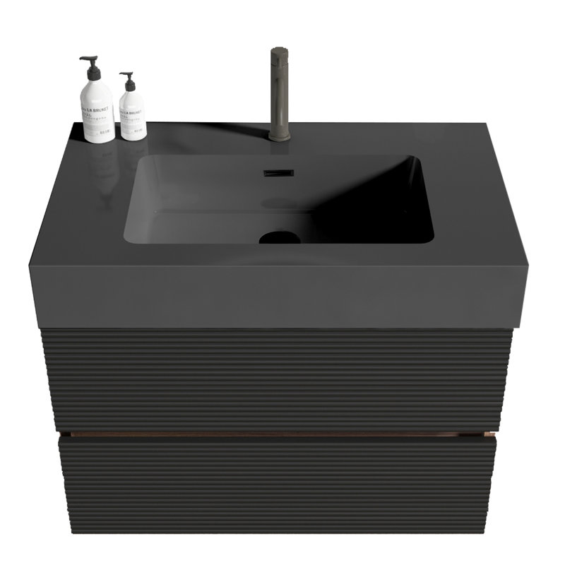 Meuble-lavabo de 30 po avec conception murale flottante, lavabo noir mat, tiroirs souples, esthétique Mid-Century, planches de classe E1, laque E0, fermeture de 50000 fois le style moderne, lavabo une pièce,