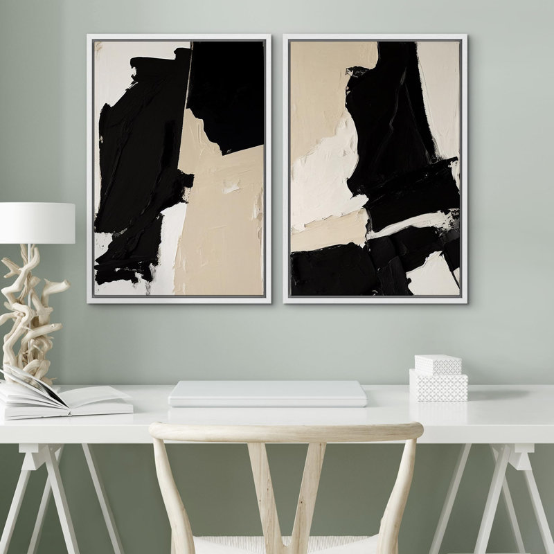 Noir et brun clair, coup de pinceau, collage, style minimaliste Mid-Century, grunge, abstrait géométrique, 2 pièces, Blanc
