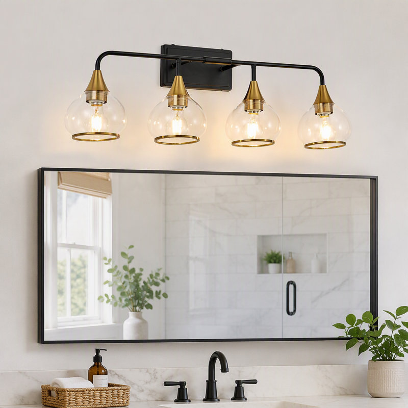 Applique murale moderne à 4 lumières pour coiffeuse - Luminaire de salle de bain noir et or avec abat-jour en verre transparent, lampe murale industrielle pour miroir, coiffeuse et espaces de vie (ampoule non incluse)