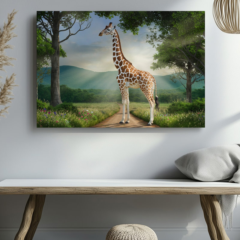 Toile, une girafe majestueuse se dresse gracieusement sur un chemin de terre, art mural à long cou élégamment arqué