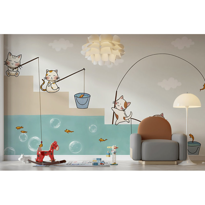Cartoon Colourful Cats And Fish Nursery Removable Wallpaper, 48.96" L x 75" W
