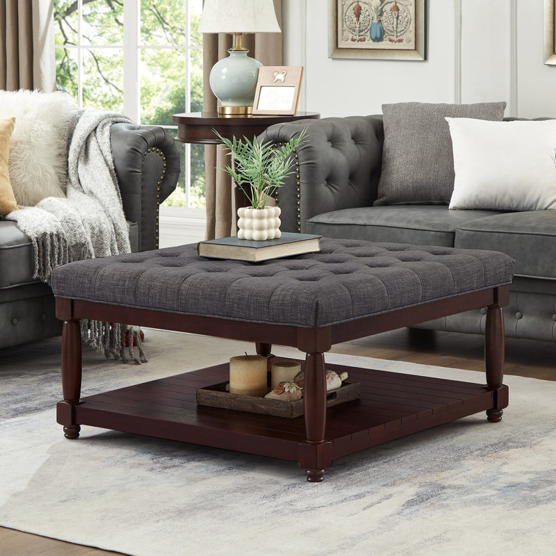 Grande table basse carrée avec repose-pieds en lin capitonné et grand repose-pieds avec tablette en bois massif, Gris foncé