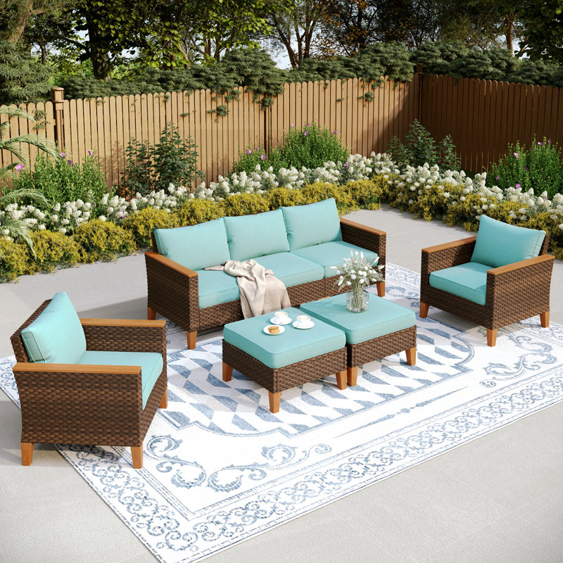 All Weather Wicker/Rattan 7 - Person Seating Group with Cushions, No, Beige