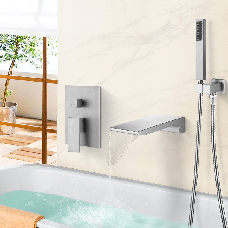 Solid Brass Waterfall Bathtub Faucets with Anti-Scald Pressure Balance Valve, Wall Mounted Tub Spout with Handshower