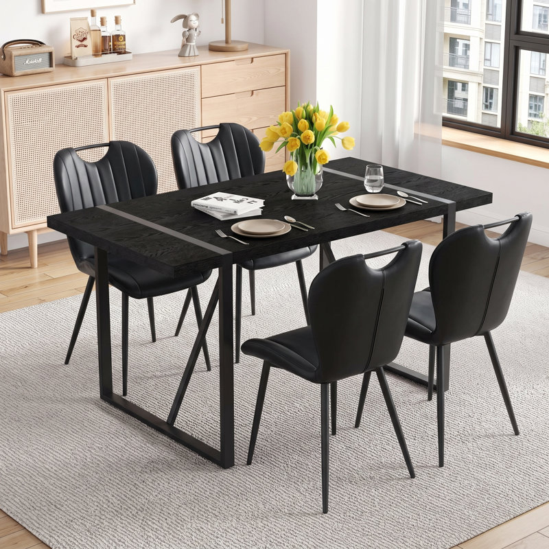 Ensemble de salle à manger rectangulaire rétro minimaliste de 5 pièces de 55 pouces avec chaises en similicuir, Noir