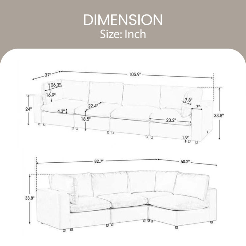Canapé modulaire à accoudoirs carrés 105,9 po Bungert, Polyester beige