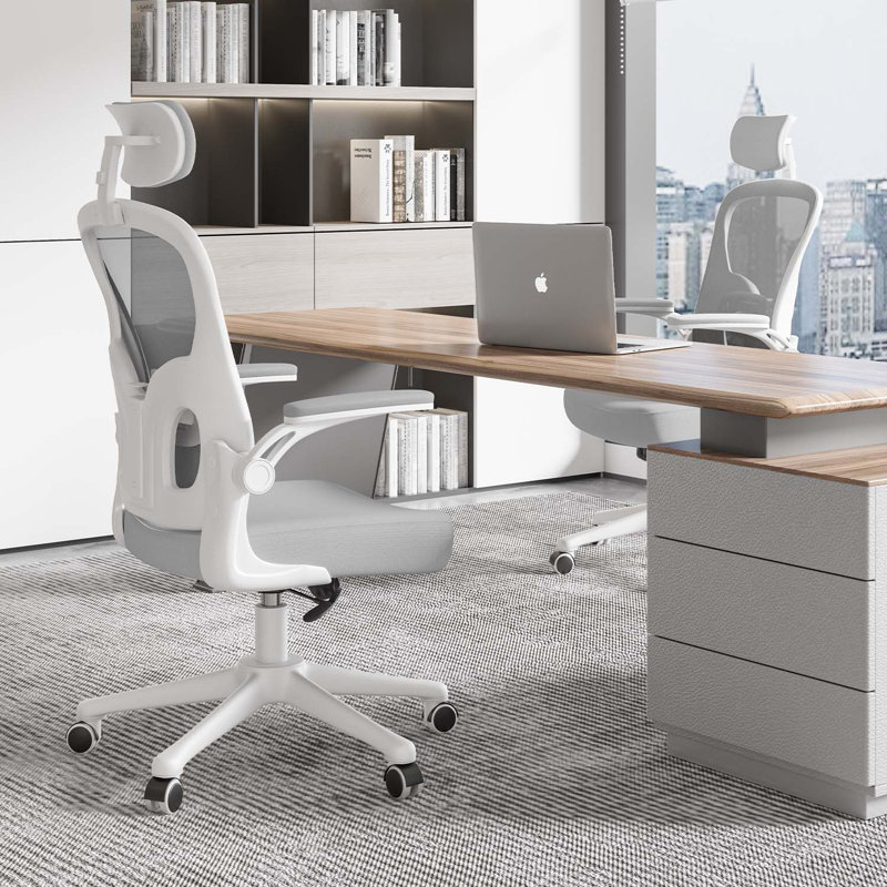 Mesh Office Chair with Headrest, White/Grey