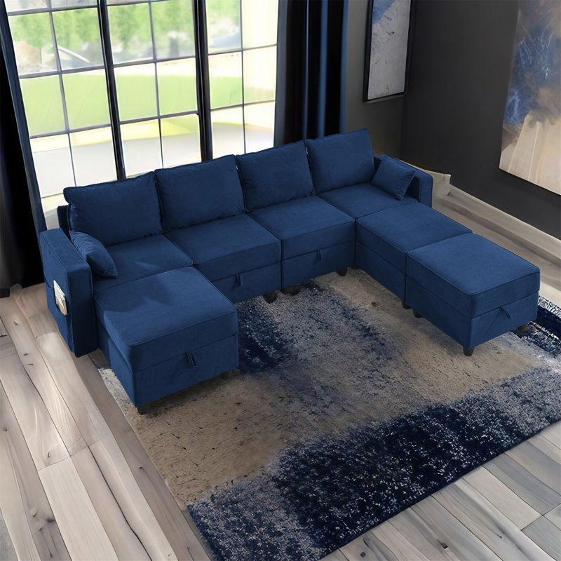 Canapé modulaire 7 pièces Ghufran, Velours côtelé bleu marine