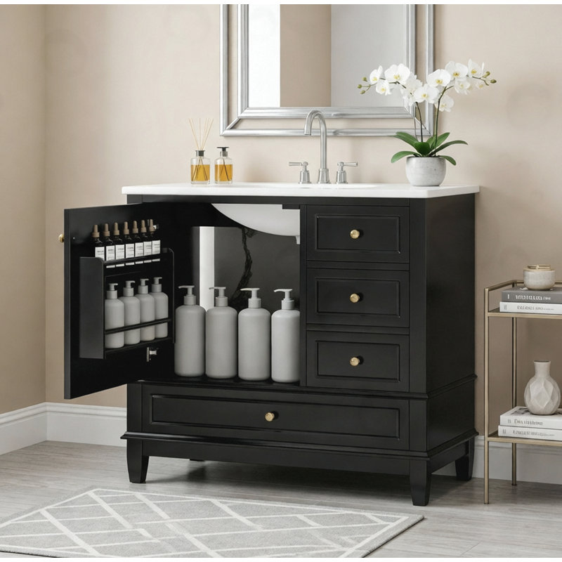 Bathroom Vanity With Ceramic Sink And Cabinet With Shelves, Black, 36"