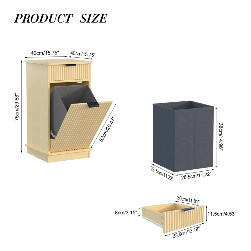 Tilt-Out Laundry Hamper Cabinet With Drawer,Laundry Storage Basket For Bathroom, Natural Wood