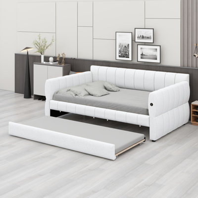 Functional Upholstered Bed Frame With USB Ports And Slide-Out Trundle