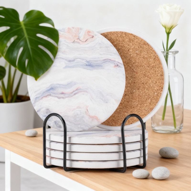 Ensemble de 6 sous-verres en céramique avec support, sous-verres en pierre super absorbants avec envers en liège antidérapant, design moderne en marbre pour table basse et décoration intérieure