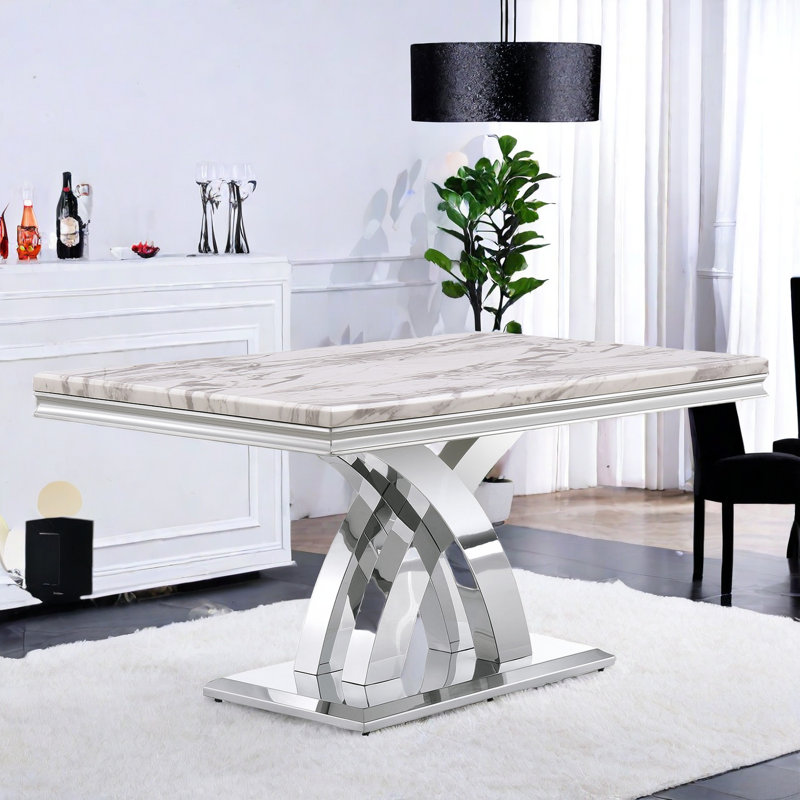 Chika Metal Base Dining Table, White/Gray/Silver