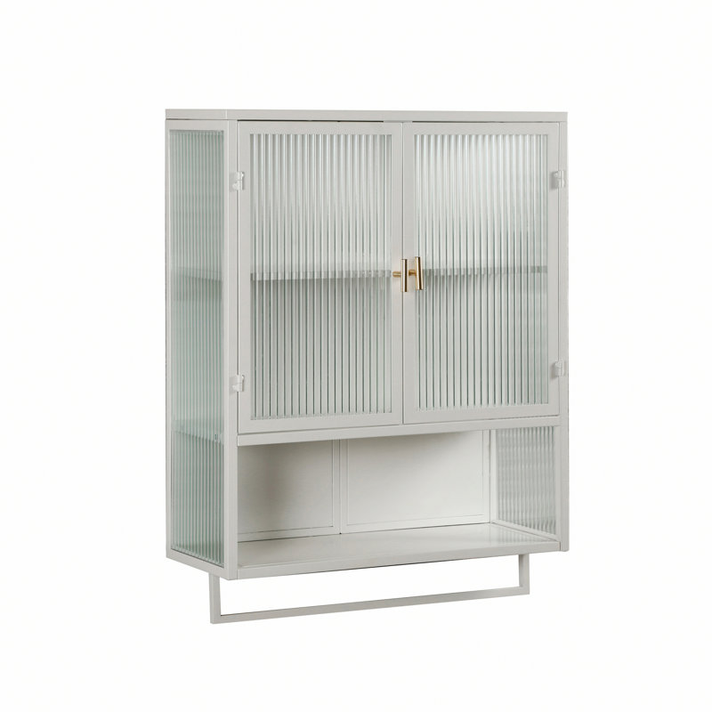 Armoire en métal, armoire de salle de bain, armoire murale en verre avec une tablette ouverte et un porte-serviettes