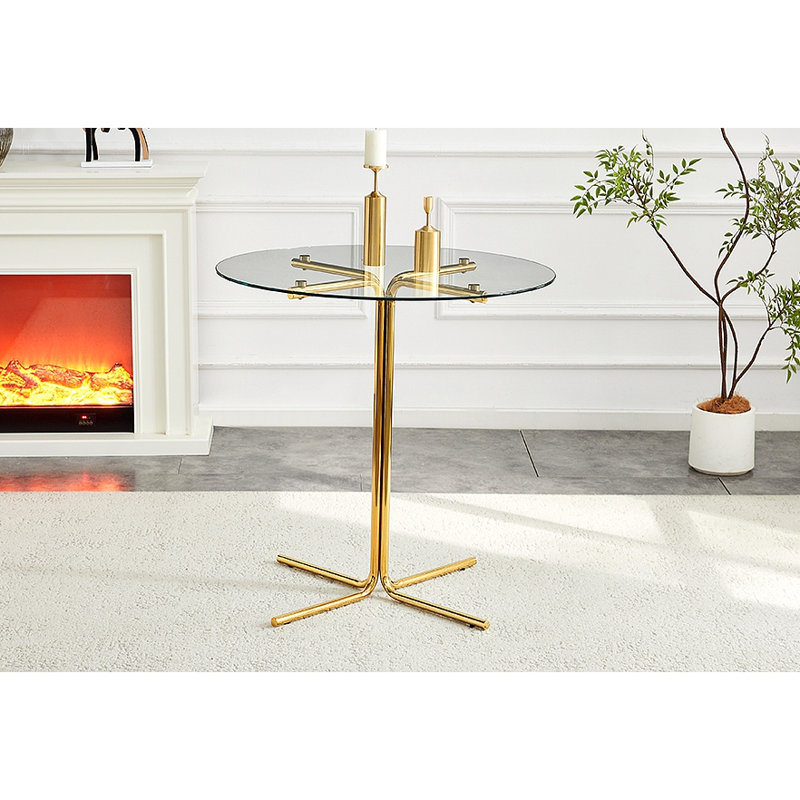 Table ronde haute en verre, table ronde, plateau en verre trempé, support robuste à quatre colonnes plaqué chrome doré, Or